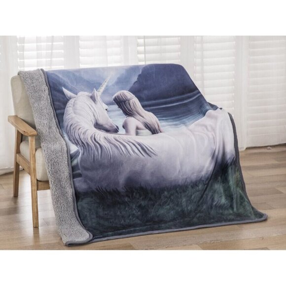 New Anne Stokes Lakeside Unicorn Plush Throw Gift Blanket Sherpa Fairy Fleece - Picture 2 of 4